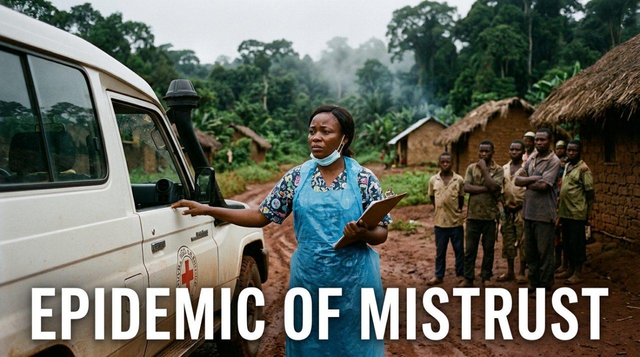 Cinematic photojournalism style editorial shot set in a rural Congolese village edge bordering a dense tropical rainforest in the Democratic Republic of the Congo. In the foreground, a Black Congolese healthcare worker wearing a protective medical apron and holding a clinical clipboard pauses solemnly beside a dusty white all-terrain emergency response vehicle on a damp, red-clay dirt road, their face etched with fatigue and solemn concern. In the soft-focus background, local community members observe with guarded, skeptical postures from the edge of lush village foliage. Atmospheric overcast lighting with subtle tropical mist filtering through the canopy, capturing profound tension and humanitarian weight, shot on a 35mm lens with rich documentary texture and depth of field. Displayed prominently across the lower third is bold, modern sans-serif typography reading "EPIDEMIC OF MISTRUST" in stark pure white lettering, enhanced with a subtle dark charcoal outer glow and soft drop shadow to ensure razor-sharp readability and maximum contrast against the muted tones of the earth and forest floor.