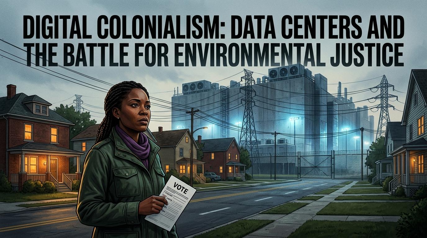 A cinematic editorial photojournalism illustration depicting the collision of technology and environmental justice. In the foreground, a determined African American woman stands in a leafy residential neighborhood, holding an official voting ballot in one hand and looking out with focused resolve. Across a street and behind a security fence line directly bordering the homes, a massive, monolithic hyperscale data center complex dominates the horizon, flanked by towering high-voltage electrical transmission towers, industrial cooling units, and heavy utility infrastructure. Dramatic dusk lighting casts a stark contrast between the warm, inviting amber glow of the neighborhood homes and the cold, metallic blues and glowing industrial floodlights of the server facility under an overcast, hazy twilight sky. Prominently overlaid across the upper third is the bold headline text reading "DIGITAL SACRIFICE ZONES: THE BALLOT BATTLE" in a clean, heavy sans-serif typeface, styled in bright stark white with a subtle deep charcoal drop shadow and an electric-amber outline to ensure crisp, immaculate contrast and readability against the moody evening sky.