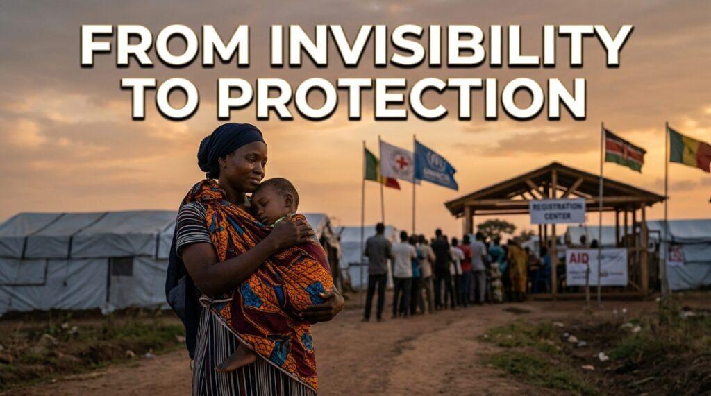 Cinematic editorial news illustration depicting a dignified Black African mother gently embracing her young child wrapped in a warm patterned wrap, standing with quiet strength and resilience outside a humanitarian registration pavilion at golden hour. The background features soft-focus silhouettes of family relief shelters and diplomatic aid flags under an expansive, warm amber and twilight sky, symbolizing the pursuit of legal recognition and safety. High-impact text overlay prominently displayed in the upper third reads: "FROM INVISIBILITY TO PROTECTION" in a bold, modern geometric sans-serif font, styled in crisp stark white with a subtle deep charcoal drop shadow and an elegant warm-gold outer hairline glow, ensuring immaculate visual contrast and high readability against the twilight sky. Modern photojournalism aesthetic, photorealistic textures, emotional depth, 8k resolution, cinematic lighting.