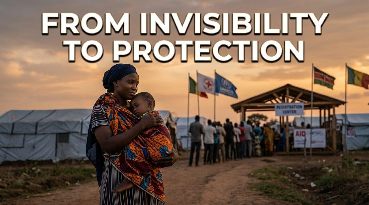 Cinematic editorial news illustration depicting a dignified Black African mother gently embracing her young child wrapped in a warm patterned wrap, standing with quiet strength and resilience outside a humanitarian registration pavilion at golden hour. The background features soft-focus silhouettes of family relief shelters and diplomatic aid flags under an expansive, warm amber and twilight sky, symbolizing the pursuit of legal recognition and safety. High-impact text overlay prominently displayed in the upper third reads: "FROM INVISIBILITY TO PROTECTION" in a bold, modern geometric sans-serif font, styled in crisp stark white with a subtle deep charcoal drop shadow and an elegant warm-gold outer hairline glow, ensuring immaculate visual contrast and high readability against the twilight sky. Modern photojournalism aesthetic, photorealistic textures, emotional depth, 8k resolution, cinematic lighting.