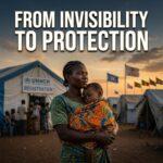 Cinematic editorial news illustration depicting a dignified Black African mother gently embracing her young child wrapped in a warm patterned wrap, standing with quiet strength and resilience outside a humanitarian registration pavilion at golden hour. The background features soft-focus silhouettes of family relief shelters and diplomatic aid flags under an expansive, warm amber and twilight sky, symbolizing the pursuit of legal recognition and safety. High-impact text overlay prominently displayed in the upper third reads: "FROM INVISIBILITY TO PROTECTION" in a bold, modern geometric sans-serif font, styled in crisp stark white with a subtle deep charcoal drop shadow and an elegant warm-gold outer hairline glow, ensuring immaculate visual contrast and high readability against the twilight sky. Modern photojournalism aesthetic, photorealistic textures, emotional depth, 8k resolution, cinematic lighting.