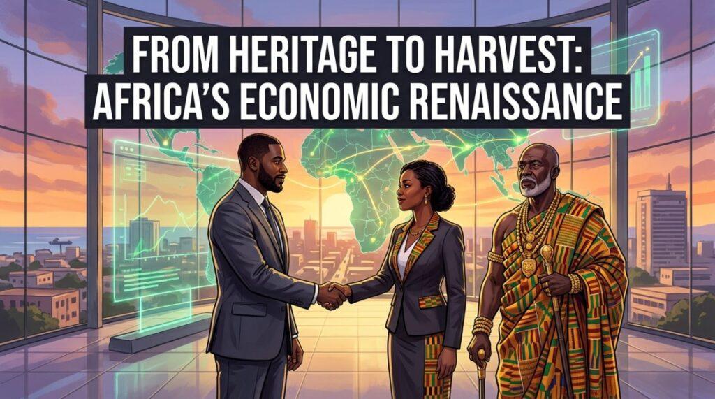 A cinematic editorial news illustration depicting a modern, prestigious Pan-African economic summit in Accra. In the foreground, an African American diaspora venture capitalist in a tailored charcoal business suit engages in a firm, collaborative handshake with a West African female tech executive dressed in elegant contemporary kente-accented formal wear. Beside them stands a dignified West African traditional leader draped in elaborate, authentic woven royal kente regalia and handcrafted gold jewelry, looking outward with solemn vision. The scene is set inside a luminous, grand glass convention hall overlooking the dynamic Accra cityscape at golden hour, with background high-tech holographic displays projecting glowing emerald and gold digital trade routes across the African continent. Centered boldly across the upper third of the frame, high-impact text overlay reads: "FROM HERITAGE TO SOVEREIGN CAPITAL" rendered in a modern, ultra-clean geometric sans-serif typeface; the lettering features a vibrant warm-gold and white palette with a crisp dark charcoal drop shadow and subtle ambient glow, engineered for razor-sharp contrast and perfect readability against the warm architectural interior. Photorealistic, 8k resolution, editorial journalism framing, balanced cinematic lighting.