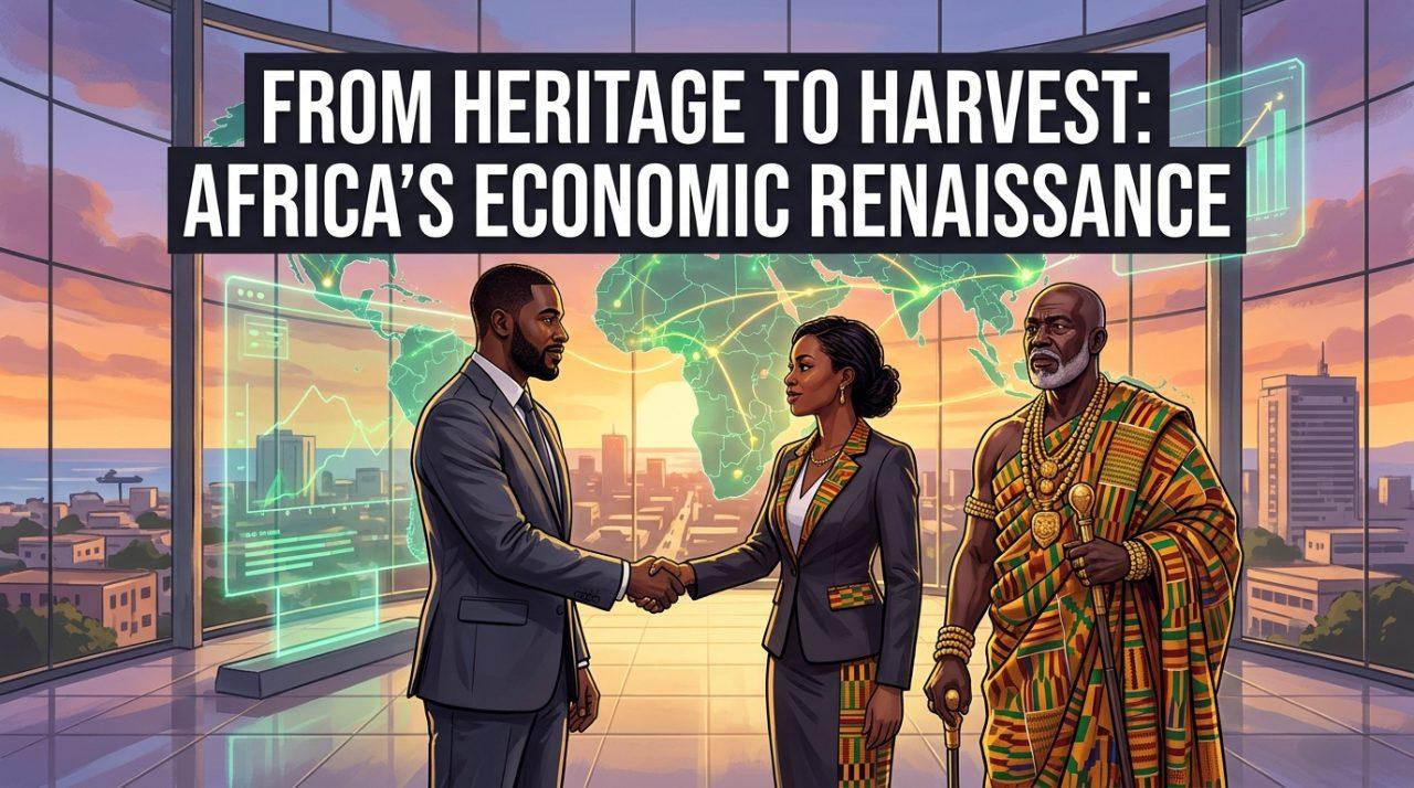 A cinematic editorial news illustration depicting a modern, prestigious Pan-African economic summit in Accra. In the foreground, an African American diaspora venture capitalist in a tailored charcoal business suit engages in a firm, collaborative handshake with a West African female tech executive dressed in elegant contemporary kente-accented formal wear. Beside them stands a dignified West African traditional leader draped in elaborate, authentic woven royal kente regalia and handcrafted gold jewelry, looking outward with solemn vision. The scene is set inside a luminous, grand glass convention hall overlooking the dynamic Accra cityscape at golden hour, with background high-tech holographic displays projecting glowing emerald and gold digital trade routes across the African continent. Centered boldly across the upper third of the frame, high-impact text overlay reads: "FROM HERITAGE TO SOVEREIGN CAPITAL" rendered in a modern, ultra-clean geometric sans-serif typeface; the lettering features a vibrant warm-gold and white palette with a crisp dark charcoal drop shadow and subtle ambient glow, engineered for razor-sharp contrast and perfect readability against the warm architectural interior. Photorealistic, 8k resolution, editorial journalism framing, balanced cinematic lighting.