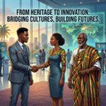 A cinematic editorial news illustration depicting a modern, prestigious Pan-African economic summit in Accra. In the foreground, an African American diaspora venture capitalist in a tailored charcoal business suit engages in a firm, collaborative handshake with a West African female tech executive dressed in elegant contemporary kente-accented formal wear. Beside them stands a dignified West African traditional leader draped in elaborate, authentic woven royal kente regalia and handcrafted gold jewelry, looking outward with solemn vision. The scene is set inside a luminous, grand glass convention hall overlooking the dynamic Accra cityscape at golden hour, with background high-tech holographic displays projecting glowing emerald and gold digital trade routes across the African continent. Centered boldly across the upper third of the frame, high-impact text overlay reads: "FROM HERITAGE TO SOVEREIGN CAPITAL" rendered in a modern, ultra-clean geometric sans-serif typeface; the lettering features a vibrant warm-gold and white palette with a crisp dark charcoal drop shadow and subtle ambient glow, engineered for razor-sharp contrast and perfect readability against the warm architectural interior. Photorealistic, 8k resolution, editorial journalism framing, balanced cinematic lighting.
