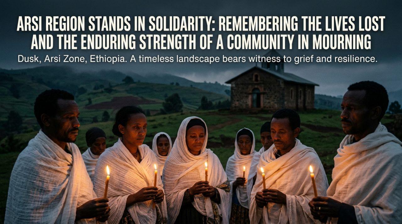 An editorial, cinematic news illustration depicting a solemn memorial gathering in the rural Ethiopian highlands of the Arsi region at dusk. In the foreground, rural Ethiopian community members of East African descent, draped in traditional textured white woven cotton Netela and Gabi shawls, stand together in quiet grief and solidarity, holding softly glowing beeswax candles that cast a warm, flickering light across their solemn, dignified faces. In the midground, the timeless architecture of a rural Ethiopian Orthodox stone chapel stands perched against the rolling green and earthy contours of the misty highland hills. The atmosphere is poignant, reverent, and heavy with historical weight, rendered in rich twilight tones of deep indigo, slate, and warm candlelit amber with documentary photography depth. Positioned across the upper third of the composition is a bold, high-impact text overlay reading 'FAITH & FRACTURE: ARSI ZONE' in a modern, ultra-clean sans-serif typeface, styled in brilliant cream-white lettering with a subtle warm gold underline and a deep charcoal drop shadow for maximum legibility and sharp contrast against the darkening twilight sky.