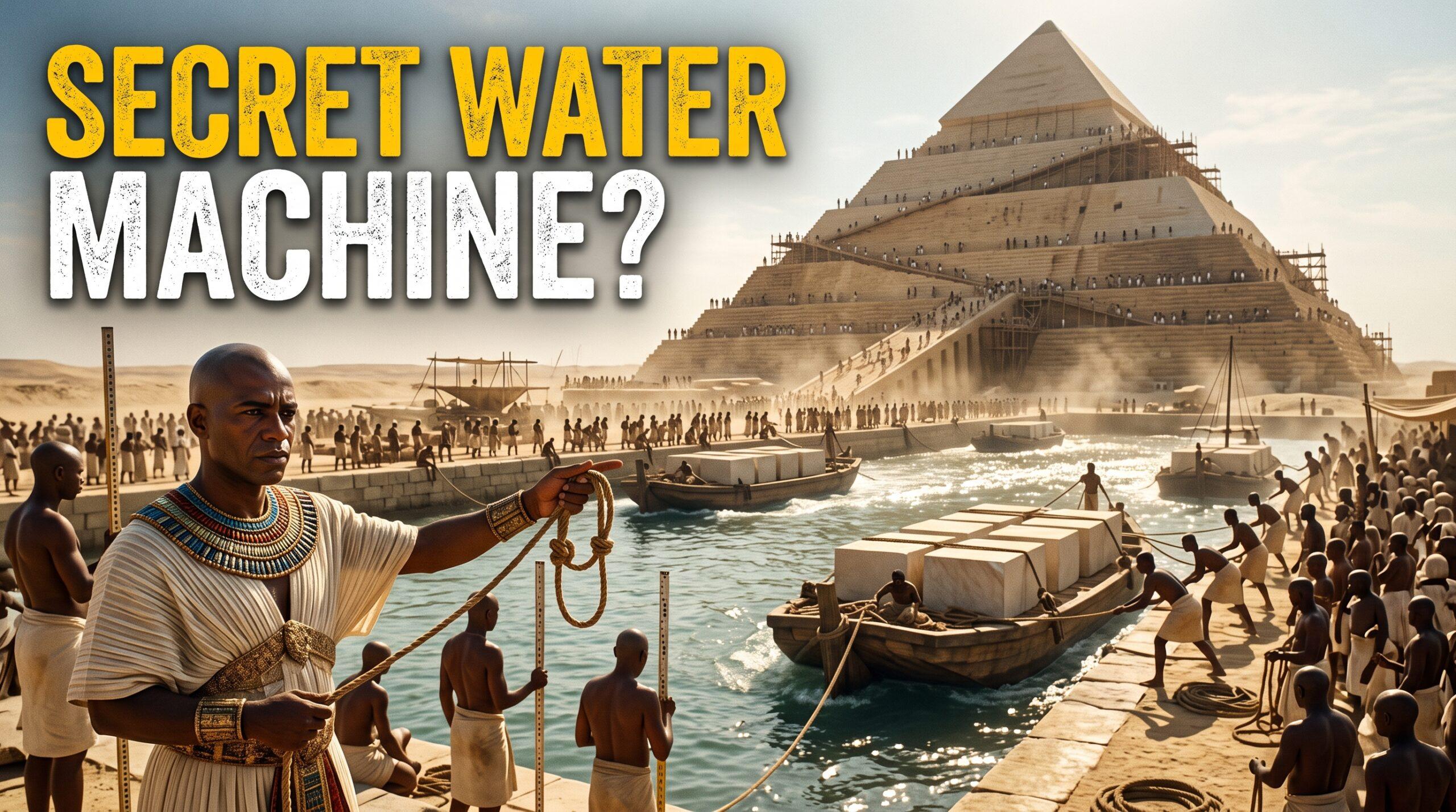 Chief architect Khufu-onekh directing limestone transport barges along a flooded Nile harbor basin at the Great Pyramid construction site, with bold yellow and white text overlay reading "SECRET WATER MACHINE?".