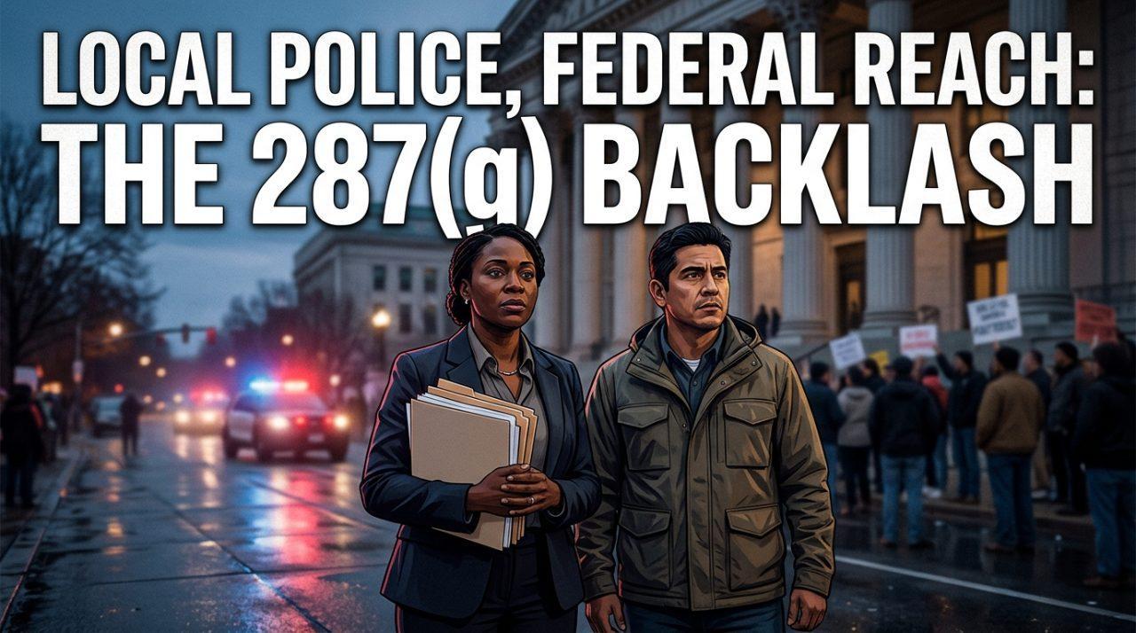 Cinematic editorial photojournalistic illustration depicting the constitutional and community tensions surrounding local immigration enforcement. In the foreground, set against the exterior of a stately municipal justice building at dusk, an African American female civil rights observer holding legal briefs and a Latino community advocate stand side by side with solemn, resolute expressions. The background features grand courthouse columns, reflective wet pavement, and the cinematic, soft-focus ambient glow of red and blue city vehicle lights in the distance, evoking institutional friction and civic concern without depicting weapons or violence. Prominently integrated across the upper portion of the frame is the high-impact text overlay reading "LOCAL POLICE, FEDERAL REACH: THE 287(g) BACKLASH" styled in a bold, clean modern sans-serif font in brilliant stark white, bordered with a subtle amber accent line and backed by a deep charcoal drop shadow set against a smooth dark vignette for optimal contrast and razor-sharp readability.