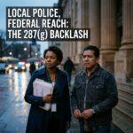 Cinematic editorial photojournalistic illustration depicting the constitutional and community tensions surrounding local immigration enforcement. In the foreground, set against the exterior of a stately municipal justice building at dusk, an African American female civil rights observer holding legal briefs and a Latino community advocate stand side by side with solemn, resolute expressions. The background features grand courthouse columns, reflective wet pavement, and the cinematic, soft-focus ambient glow of red and blue city vehicle lights in the distance, evoking institutional friction and civic concern without depicting weapons or violence. Prominently integrated across the upper portion of the frame is the high-impact text overlay reading "LOCAL POLICE, FEDERAL REACH: THE 287(g) BACKLASH" styled in a bold, clean modern sans-serif font in brilliant stark white, bordered with a subtle amber accent line and backed by a deep charcoal drop shadow set against a smooth dark vignette for optimal contrast and razor-sharp readability.