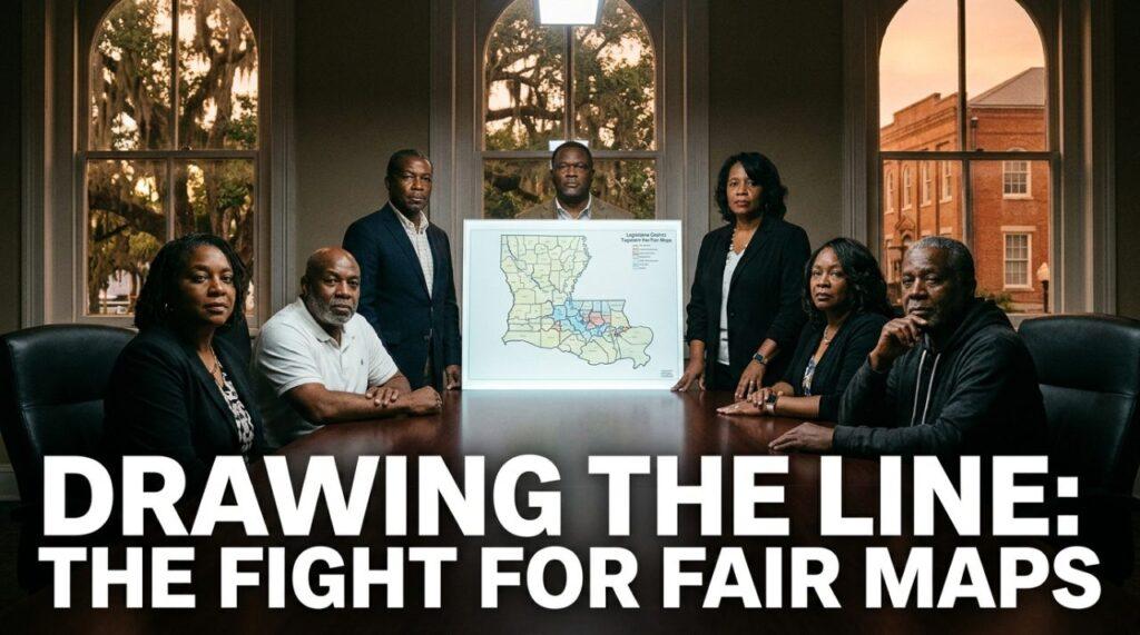 A cinematic, editorial-style news documentary photograph depicting a resolute multigenerational group of African American civic organizers and community members gathered around a large wooden conference table in a historic south Louisiana town hall. On the table sits an illuminated legislative district map showing fractured boundary lines across the parish, bathed in focused overhead lighting. In the background, tall arched windows reveal moss-draped live oak trees under the warm, golden glow of dusk. The people—ranging from respected elders to determined young adult advocates—display dignified, resolute expressions of unity and civic leadership. Prominently featured across the lower third of the image is a high-impact, bold journalistic text overlay reading: "DRAWING THE LINE: THE FIGHT FOR FAIR MAPS" in modern, clean, extra-bold sans-serif typography. The text is rendered in solid optic white with a crisp, subtle gold underline accent, reinforced by a soft charcoal-black drop shadow and thin outer contour to ensure immaculate contrast and razor-sharp readability against the darker foreground table and ambient room tones.