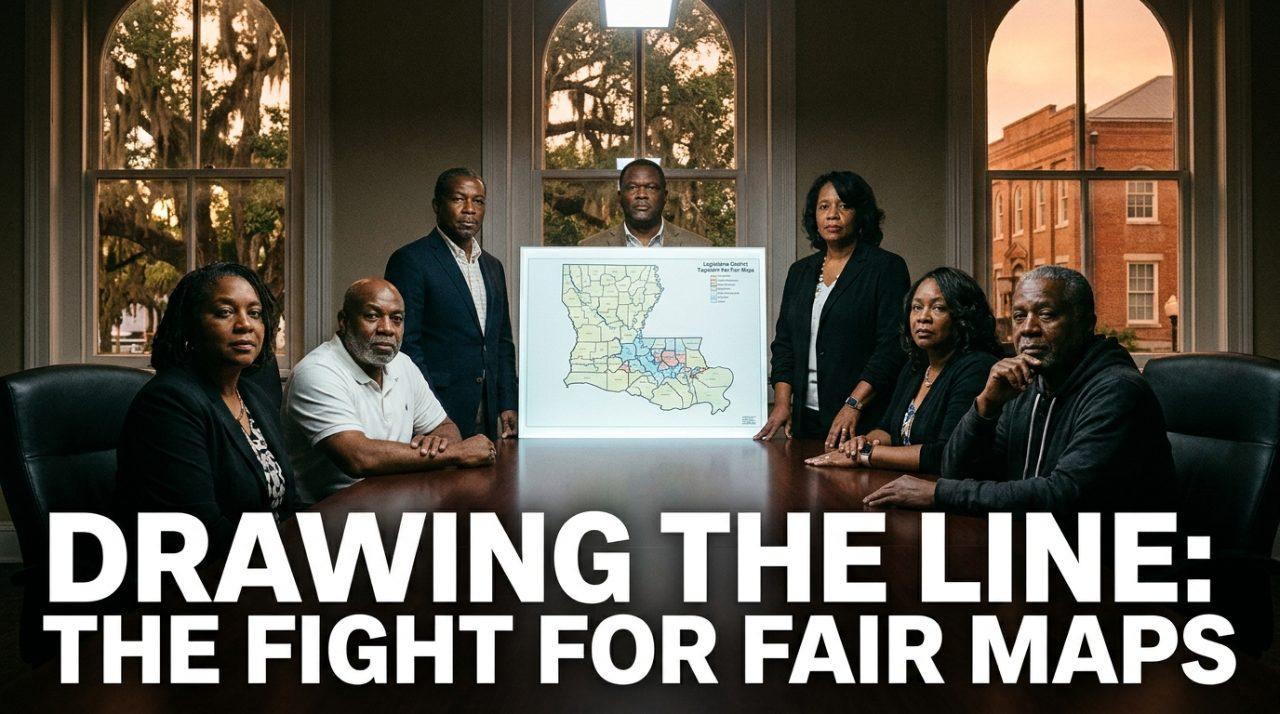A cinematic, editorial-style news documentary photograph depicting a resolute multigenerational group of African American civic organizers and community members gathered around a large wooden conference table in a historic south Louisiana town hall. On the table sits an illuminated legislative district map showing fractured boundary lines across the parish, bathed in focused overhead lighting. In the background, tall arched windows reveal moss-draped live oak trees under the warm, golden glow of dusk. The people—ranging from respected elders to determined young adult advocates—display dignified, resolute expressions of unity and civic leadership. Prominently featured across the lower third of the image is a high-impact, bold journalistic text overlay reading: "DRAWING THE LINE: THE FIGHT FOR FAIR MAPS" in modern, clean, extra-bold sans-serif typography. The text is rendered in solid optic white with a crisp, subtle gold underline accent, reinforced by a soft charcoal-black drop shadow and thin outer contour to ensure immaculate contrast and razor-sharp readability against the darker foreground table and ambient room tones.