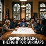 A cinematic, editorial-style news documentary photograph depicting a resolute multigenerational group of African American civic organizers and community members gathered around a large wooden conference table in a historic south Louisiana town hall. On the table sits an illuminated legislative district map showing fractured boundary lines across the parish, bathed in focused overhead lighting. In the background, tall arched windows reveal moss-draped live oak trees under the warm, golden glow of dusk. The people—ranging from respected elders to determined young adult advocates—display dignified, resolute expressions of unity and civic leadership. Prominently featured across the lower third of the image is a high-impact, bold journalistic text overlay reading: "DRAWING THE LINE: THE FIGHT FOR FAIR MAPS" in modern, clean, extra-bold sans-serif typography. The text is rendered in solid optic white with a crisp, subtle gold underline accent, reinforced by a soft charcoal-black drop shadow and thin outer contour to ensure immaculate contrast and razor-sharp readability against the darker foreground table and ambient room tones.