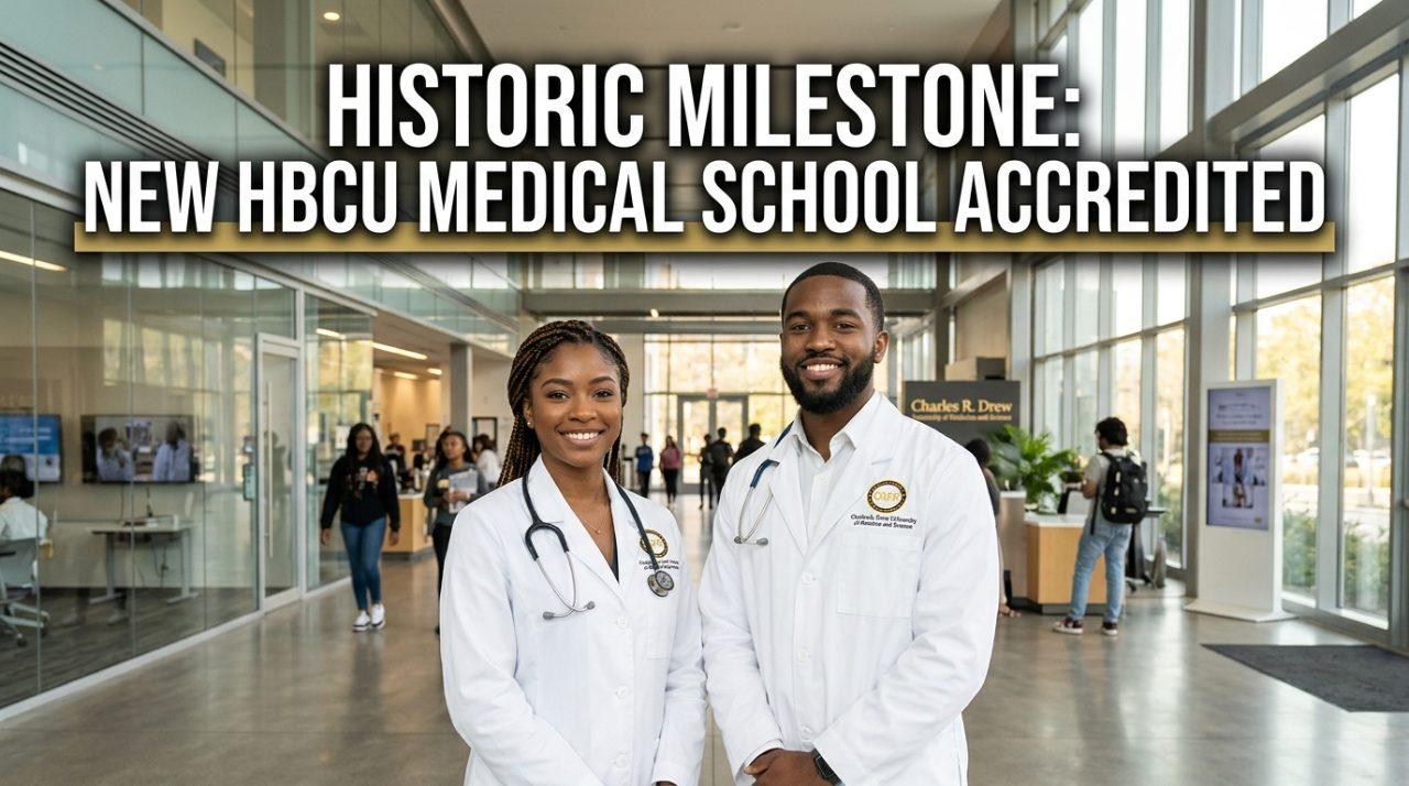 Editorial news photo of a confident young African American woman and man wearing crisp white medical coats with stethoscopes around their necks, standing side by side with proud, visionary expressions inside a state-of-the-art medical education campus. The background features a luminous, modern glass atrium with sleek architectural lines, soft warm morning sunlight streaming through expansive windows, and subtle clinical research displays softly blurred in the distance. Cinematic composition, shallow depth of field, photorealistic, broadcast journalism concept-art aesthetic. Prominently positioned across the upper third of the image is the high-impact text overlay: "HISTORIC MILESTONE: NEW HBCU MEDICAL SCHOOL ACCREDITED" styled in a bold, clean sans-serif typeface in brilliant white with an elegant gold accent bar beneath, accompanied by a soft dark drop shadow for maximum visual contrast and pristine readability against the luminous architectural background.