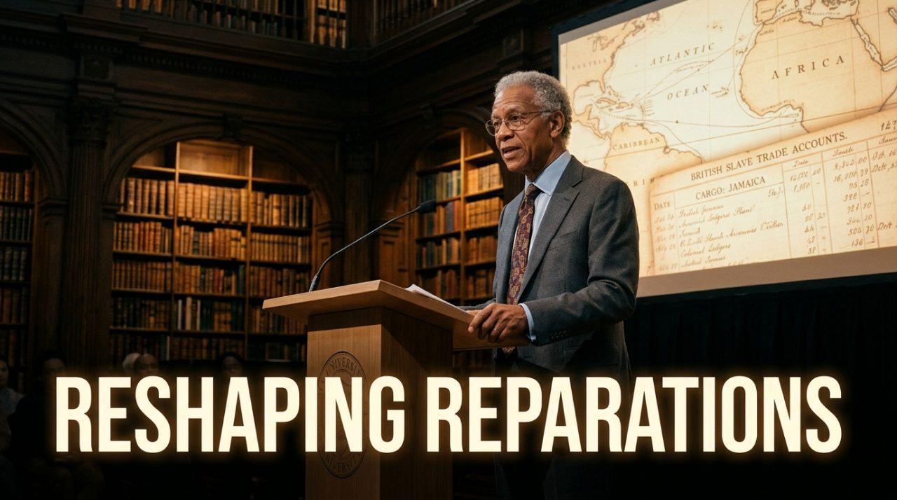 Editorial cinematic photography of a distinguished senior Afro-Caribbean scholar with silver-tinged hair and wire-rimmed glasses, wearing a tailored charcoal-gray suit, standing authoritatively at a sleek modern wooden lectern in a prestigious university lecture hall. In the background, soft warm atmospheric lighting illuminates grand arched bookshelves and a subtle, high-resolution digital projection displaying antique transatlantic maritime maps and colonial financial ledgers glowing faintly in amber tones. The mood is dignified, intellectual, and historic, captured with a professional 35mm editorial camera lens, shallow depth of field, and balanced cinematic lighting. Centered boldly across the lower third of the image is the high-impact text overlay reading "RESHAPING REPARATIONS" rendered in a heavy, clean, capitalized modern sans-serif font; the lettering is styled in radiant off-white with a sharp golden outer stroke and a soft dark vignette drop shadow beneath, ensuring crisp legibility and powerful contrast against the dark mahogany podium.