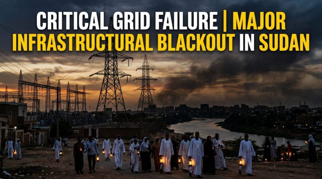 Cinematic editorial news graphic capturing the quiet gravity of a major infrastructural blackout in Sudan. In the foreground, monumental high-voltage electrical grid pylons and modern power distribution substations stand silent and de-energized under a dramatic dusk sky streaked with deep indigo, dusty ochre, and charcoal haze. In the middle ground, silhouetted Sudanese civilians—men and women of East African descent wearing traditional thobes, jalabiyas, and contemporary modest attire—gather near a residential street, carrying small solar lanterns that cast soft warm amber illumination across their faces, gazing toward a vast city skyline completely devoid of electric lights along a winding river. Editorial photojournalism aesthetic, hyper-realistic, dramatic low-angle composition. Prominently featured across the top third of the frame is the high-impact text overlay reading "CRITICAL GRID: THE COLLAPSE OF POWER" in a bold, clean, modern sans-serif font; the text is styled in crisp stark white with an electric amber accent border and a deep, soft-edged charcoal drop shadow for maximum readability and razor-sharp contrast against the darkening twilight gradient.