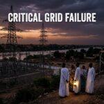 Cinematic editorial news graphic capturing the quiet gravity of a major infrastructural blackout in Sudan. In the foreground, monumental high-voltage electrical grid pylons and modern power distribution substations stand silent and de-energized under a dramatic dusk sky streaked with deep indigo, dusty ochre, and charcoal haze. In the middle ground, silhouetted Sudanese civilians—men and women of East African descent wearing traditional thobes, jalabiyas, and contemporary modest attire—gather near a residential street, carrying small solar lanterns that cast soft warm amber illumination across their faces, gazing toward a vast city skyline completely devoid of electric lights along a winding river. Editorial photojournalism aesthetic, hyper-realistic, dramatic low-angle composition. Prominently featured across the top third of the frame is the high-impact text overlay reading "CRITICAL GRID: THE COLLAPSE OF POWER" in a bold, clean, modern sans-serif font; the text is styled in crisp stark white with an electric amber accent border and a deep, soft-edged charcoal drop shadow for maximum readability and razor-sharp contrast against the darkening twilight gradient.
