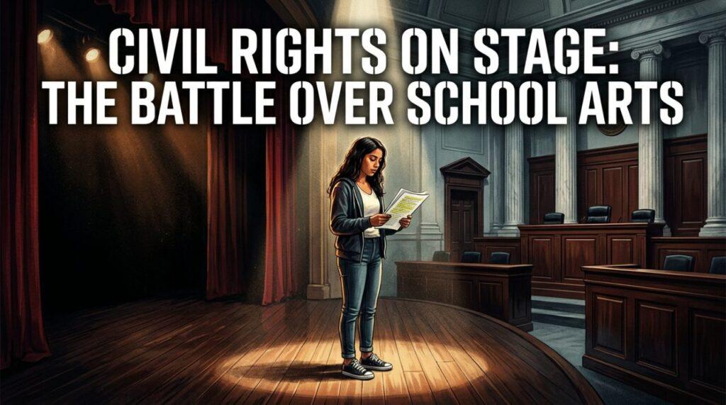An editorial photojournalism-style concept illustration capturing the clash between student arts and federal law. In the center, a focused teenage Latina high school student stands on an empty, polished dark wood theater stage, illuminated by a solitary dramatic spotlight, holding a highlighted rehearsal script. The background seamlessly transitions from draped crimson stage curtains into the imposing neoclassical architecture of a federal courtroom, featuring tall marble columns, dark mahogany paneling, and solemn judicial benches. The atmosphere is cinematic and moody, dominated by rich shadows, amber stage lighting, and cool institutional slate tones. Emblazoned across the top-third of the image is a high-impact text overlay that reads: "CIVIL RIGHTS ON STAGE: THE BATTLE OVER SCHOOL ARTS" styled in a bold, modern geometric sans-serif font, rendered in crisp solid white with a sharp navy-blue drop shadow and a subtle warm gold stroke for maximum readability and stark visual contrast against the theater spotlight and courtroom background.