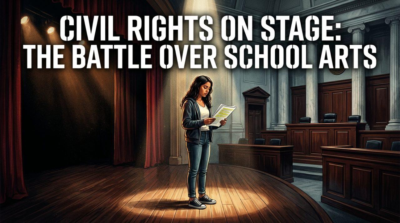 An editorial photojournalism-style concept illustration capturing the clash between student arts and federal law. In the center, a focused teenage Latina high school student stands on an empty, polished dark wood theater stage, illuminated by a solitary dramatic spotlight, holding a highlighted rehearsal script. The background seamlessly transitions from draped crimson stage curtains into the imposing neoclassical architecture of a federal courtroom, featuring tall marble columns, dark mahogany paneling, and solemn judicial benches. The atmosphere is cinematic and moody, dominated by rich shadows, amber stage lighting, and cool institutional slate tones. Emblazoned across the top-third of the image is a high-impact text overlay that reads: "CIVIL RIGHTS ON STAGE: THE BATTLE OVER SCHOOL ARTS" styled in a bold, modern geometric sans-serif font, rendered in crisp solid white with a sharp navy-blue drop shadow and a subtle warm gold stroke for maximum readability and stark visual contrast against the theater spotlight and courtroom background.