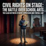 An editorial photojournalism-style concept illustration capturing the clash between student arts and federal law. In the center, a focused teenage Latina high school student stands on an empty, polished dark wood theater stage, illuminated by a solitary dramatic spotlight, holding a highlighted rehearsal script. The background seamlessly transitions from draped crimson stage curtains into the imposing neoclassical architecture of a federal courtroom, featuring tall marble columns, dark mahogany paneling, and solemn judicial benches. The atmosphere is cinematic and moody, dominated by rich shadows, amber stage lighting, and cool institutional slate tones. Emblazoned across the top-third of the image is a high-impact text overlay that reads: "CIVIL RIGHTS ON STAGE: THE BATTLE OVER SCHOOL ARTS" styled in a bold, modern geometric sans-serif font, rendered in crisp solid white with a sharp navy-blue drop shadow and a subtle warm gold stroke for maximum readability and stark visual contrast against the theater spotlight and courtroom background.