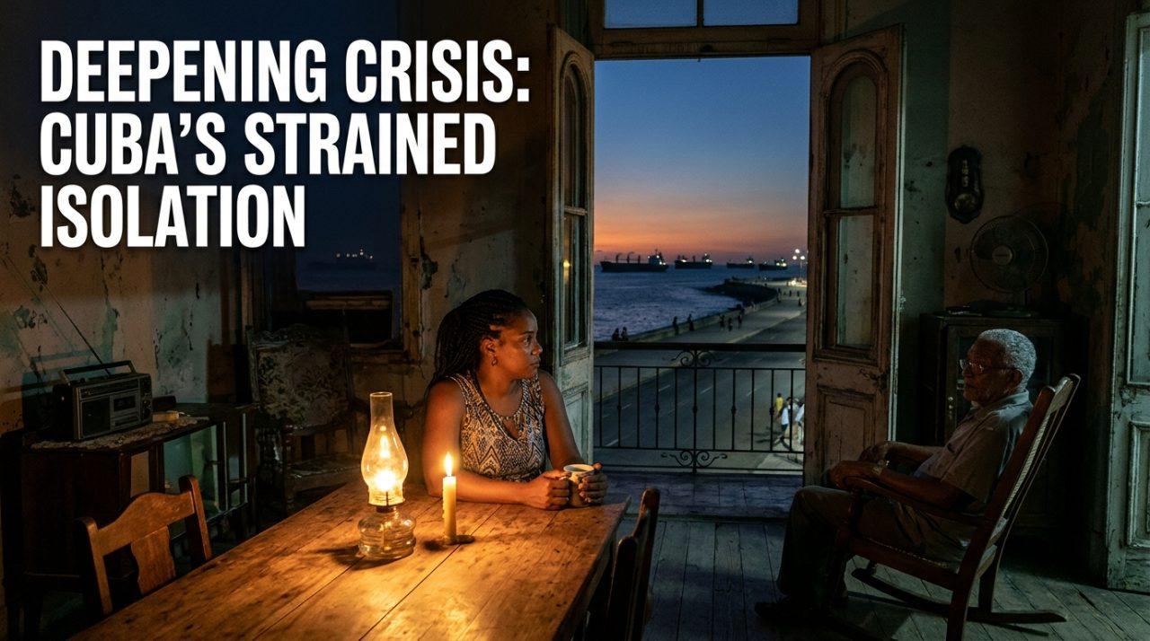 Editorial journalistic concept illustration capturing the human and geopolitical weight of economic isolation. In the foreground, an intimate, poignant scene inside a classic high-ceilinged Havana home during an evening power outage: an Afro-Cuban woman and an older relative sit by an open colonial balcony, illuminated by the warm, flickering golden light of a single glass lantern and candle on a rustic wooden table. Outside through the open terrace doors, the Havana sea wall stretches beneath a deep indigo and twilight sky, where distant silhouettes of anchored commercial cargo ships wait on the ocean horizon. Cinematic 35mm film aesthetic, rich environmental storytelling, dramatic lighting contrast between warm candlelight and cold ocean dusk. Prominently positioned in the upper third against the deep twilight sky, high-impact bold modern sans-serif typography reads: "DEEPENING CRISIS: SIX DECADES UNDER EMBARGO", rendered in solid bright white with a sharp dark navy drop shadow and a thin warm-amber outline for maximum visual contrast and pristine readability.