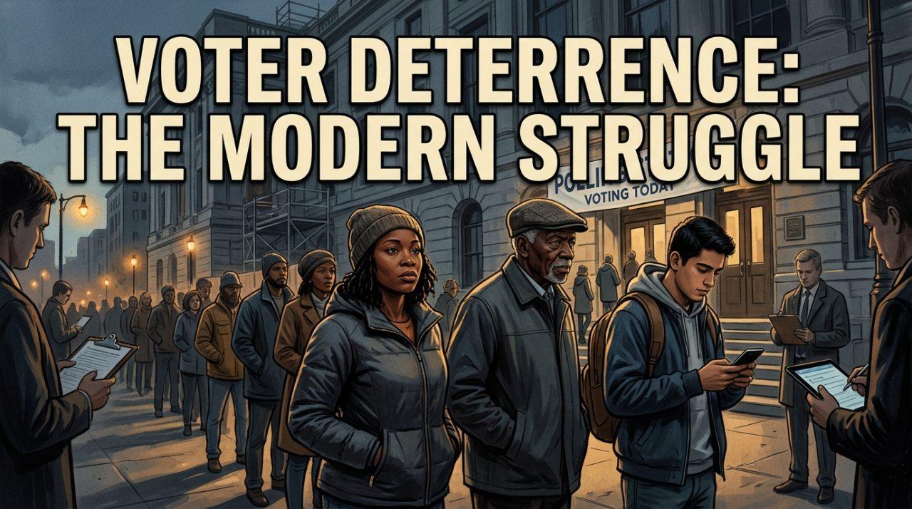 A cinematic editorial news illustration depicting a diverse group of American voters—featuring a determined African American woman in her 30s, an elderly Black man in a flat cap, and a young Latino student—standing in a long, patient queue outside a grand urban civic building designated as a polling station at dusk. Melodramatic, moody cinematic lighting with streetlights casting long dramatic shadows across the pavement. In the soft-focus background, indistinct figures holding clipboards and digital tablets observe from the periphery, subtly symbolizing intense poll monitoring and systemic administrative scrutiny. Moody atmospheric palette of deep navy, amber lamplight, and muted slate. High-impact text overlay prominently centered in the upper third reads: "VOTER DETERRENCE: THE MODERN STRUGGLE" rendered in a bold, clean modern sans-serif typeface in vivid warm ivory with a deep charcoal drop shadow for maximum contrast and crisp readability against the architectural twilight backdrop.