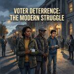 A cinematic editorial news illustration depicting a diverse group of American voters—featuring a determined African American woman in her 30s, an elderly Black man in a flat cap, and a young Latino student—standing in a long, patient queue outside a grand urban civic building designated as a polling station at dusk. Melodramatic, moody cinematic lighting with streetlights casting long dramatic shadows across the pavement. In the soft-focus background, indistinct figures holding clipboards and digital tablets observe from the periphery, subtly symbolizing intense poll monitoring and systemic administrative scrutiny. Moody atmospheric palette of deep navy, amber lamplight, and muted slate. High-impact text overlay prominently centered in the upper third reads: "VOTER DETERRENCE: THE MODERN STRUGGLE" rendered in a bold, clean modern sans-serif typeface in vivid warm ivory with a deep charcoal drop shadow for maximum contrast and crisp readability against the architectural twilight backdrop.