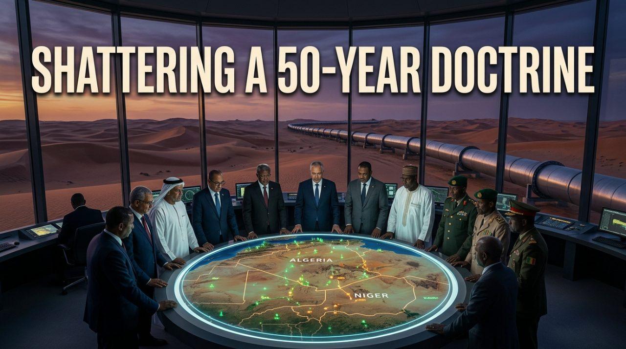 Editorial news concept art, cinematic wide-angle photograph. In an elevated modern glass border command center overlooking the vast, wind-swept golden dunes of the Sahara at dusk, a diverse group of North African and West African security analysts and diplomatic advisors in sharp suits and formal attire gather solemnly around an illuminated holographic topographic map displaying the Algeria-Niger desert frontier. Through the panoramic glass, a monumental industrial steel trans-continental energy pipeline extends gracefully across the sprawling desert horizon beneath a dramatic twilight sky of deep amber and indigo. The mood is tense, solemn, and historic. Centered prominently in the upper third is a high-impact text overlay that reads "SHATTERING A 50-YEAR DOCTRINE" rendered in clean, bold modern sans-serif typography in radiant warm cream-white with a subtle deep-charcoal drop shadow and crisp dark outline, engineered for maximum readability and stark contrast against the twilight gradient.