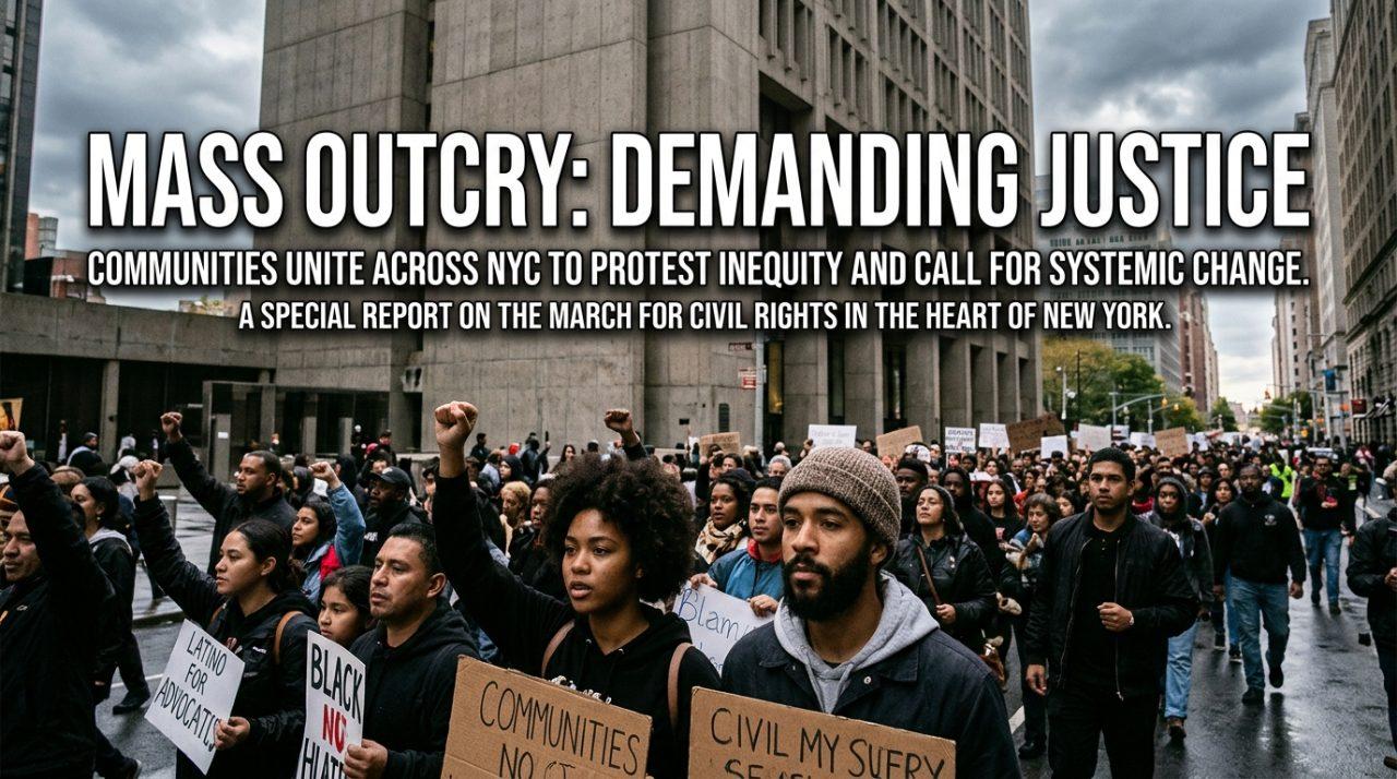 A cinematic, editorial photojournalism-style scene capturing a massive, passionate civil rights demonstration through the urban canyon streets of Lower Manhattan, New York. In the foreground, a diverse coalition predominantly featuring Latino, Afro-Latino, and Black community members, families, and young advocates march shoulder-to-shoulder with solemn, determined expressions. The background features the towering, austere brutalist facade of a federal office complex under a dramatic, overcast autumn late-afternoon sky with soft diffused lighting. In the upper third of the frame, high-impact editorial typography in a bold, clean sans-serif font reads "MASS OUTCRY: DEMANDING JUSTICE" rendered in stark white with a subtle deep-charcoal drop shadow and crisp outline to ensure striking contrast and flawless readability against the moody cityscape.