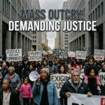 A cinematic, editorial photojournalism-style scene capturing a massive, passionate civil rights demonstration through the urban canyon streets of Lower Manhattan, New York. In the foreground, a diverse coalition predominantly featuring Latino, Afro-Latino, and Black community members, families, and young advocates march shoulder-to-shoulder with solemn, determined expressions. The background features the towering, austere brutalist facade of a federal office complex under a dramatic, overcast autumn late-afternoon sky with soft diffused lighting. In the upper third of the frame, high-impact editorial typography in a bold, clean sans-serif font reads "MASS OUTCRY: DEMANDING JUSTICE" rendered in stark white with a subtle deep-charcoal drop shadow and crisp outline to ensure striking contrast and flawless readability against the moody cityscape.