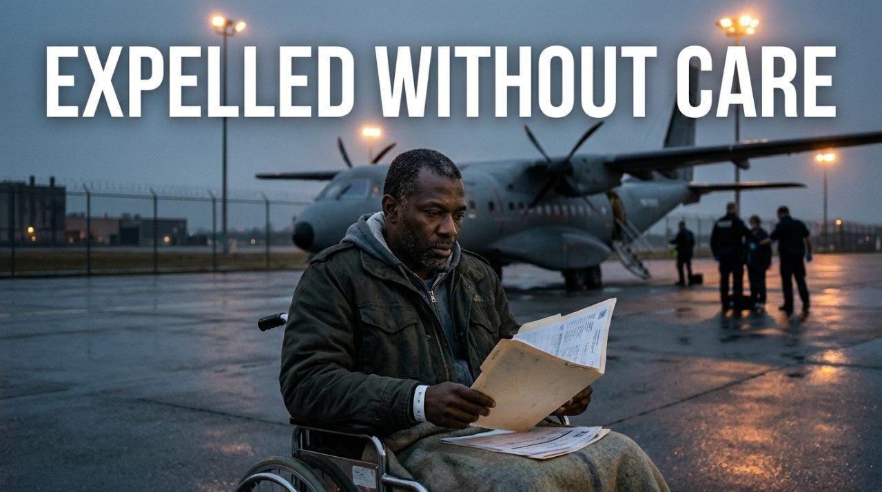 Cinematic editorial photojournalism scene illustrating an immigration medical transfer crisis. In the foreground, an African man in his 40s sits solemnly in a wheelchair on a damp, dimly lit airfield tarmac at twilight, wrapped in a heavy utility jacket and holding clinical medical records, his expression marked by quiet exhaustion and deep dignity. In the atmospheric, shallow-depth-of-field background, the silhouette of an unmarked chartered transport aircraft idles beneath high-intensity industrial security floodlights and a chain-link perimeter fence. The color palette features cold slate grays, desaturated airport blues, and striking amber industrial glow, captured with a realistic 35mm documentary news aesthetic. Rendered across the upper third of the image is the high-impact text overlay reading 'EXPELLED WITHOUT CARE' in a bold, clean sans-serif editorial typeface in stark bright white, bordered by a sharp dark drop shadow and an amber underline to guarantee maximum visual contrast and crisp broadcast readability against the twilight sky.
