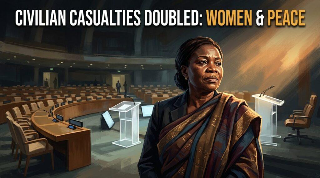 Editorial photojournalistic style illustration capturing the global crisis of civilian protection in conflict zones. In the foreground, a dignified Black African woman leader looks forward with an expression of solemn resilience and fierce determination, draped in elegant traditional textiles. The lighting is cinematic chiaroscuro, with a dramatic warm beam of light illuminating her face amidst a deeply shadowed, atmospheric setting. In the soft-focus background, the austere, empty chairs and glowing podiums of an international diplomatic assembly hall evoke unresolved peace negotiations. Boldly centered at the top in clean, modern typography is the high-contrast text overlay: 'CIVILIAN CASUALTIES DOUBLED: WOMEN & PEACE'. The text is rendered in solid, crisp white and striking amber-gold capital letters, accented with a subtle deep charcoal drop shadow for maximum clarity and visual impact against the moody, muted background tones.