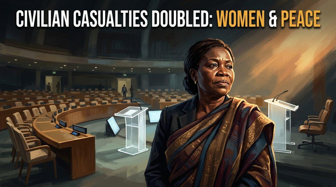 Editorial photojournalistic style illustration capturing the global crisis of civilian protection in conflict zones. In the foreground, a dignified Black African woman leader looks forward with an expression of solemn resilience and fierce determination, draped in elegant traditional textiles. The lighting is cinematic chiaroscuro, with a dramatic warm beam of light illuminating her face amidst a deeply shadowed, atmospheric setting. In the soft-focus background, the austere, empty chairs and glowing podiums of an international diplomatic assembly hall evoke unresolved peace negotiations. Boldly centered at the top in clean, modern typography is the high-contrast text overlay: 'CIVILIAN CASUALTIES DOUBLED: WOMEN & PEACE'. The text is rendered in solid, crisp white and striking amber-gold capital letters, accented with a subtle deep charcoal drop shadow for maximum clarity and visual impact against the moody, muted background tones.