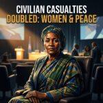 Editorial photojournalistic style illustration capturing the global crisis of civilian protection in conflict zones. In the foreground, a dignified Black African woman leader looks forward with an expression of solemn resilience and fierce determination, draped in elegant traditional textiles. The lighting is cinematic chiaroscuro, with a dramatic warm beam of light illuminating her face amidst a deeply shadowed, atmospheric setting. In the soft-focus background, the austere, empty chairs and glowing podiums of an international diplomatic assembly hall evoke unresolved peace negotiations. Boldly centered at the top in clean, modern typography is the high-contrast text overlay: 'CIVILIAN CASUALTIES DOUBLED: WOMEN & PEACE'. The text is rendered in solid, crisp white and striking amber-gold capital letters, accented with a subtle deep charcoal drop shadow for maximum clarity and visual impact against the moody, muted background tones.